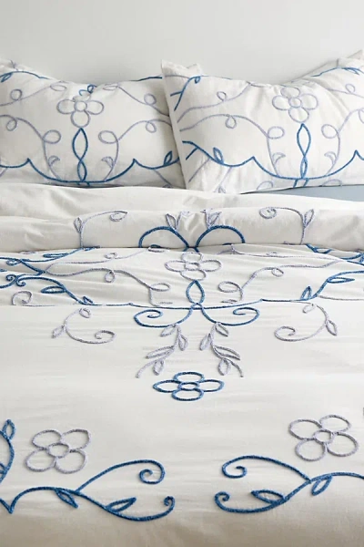 Urban Outfitters Lola Floral Chenille Embroidered Duvet Cover In Blue At