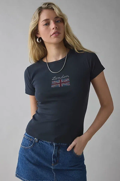 Urban Outfitters London Union Jack Flag Rhinestone Graphic Baby Tee In Charcoal, Women's At  In Blue