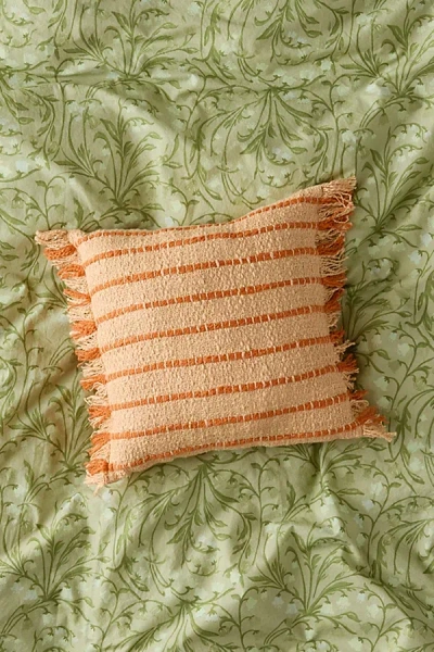 Urban Outfitters Lou Striped Fringe Throw Pillow In Almond Cream/dusty Orange At
