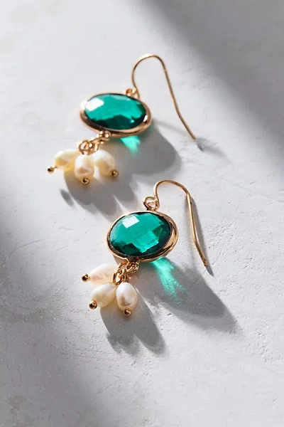Urban Outfitters Lucca Gem And Pearl Drop Earring In Dark Green, Women's At  In Gold