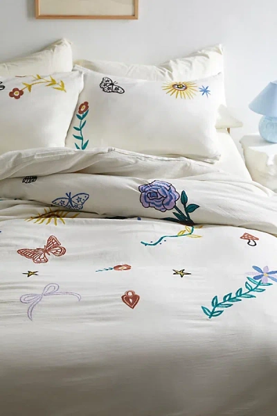 Urban Outfitters Magical Garden Embroidered Duvet Cover In White At