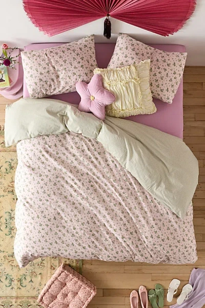 Urban Outfitters Maise Floral Patterned Reversible Duvet Cover In Green Floral/stripe At  In Pink