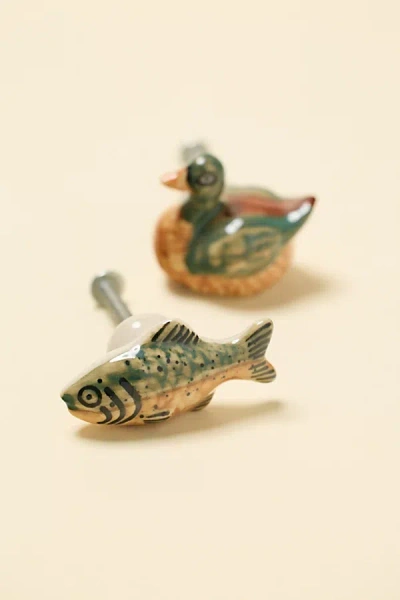 Urban Outfitters Mallard & Trout Shaped Ceramic Knob/wall Hook Set In Green At