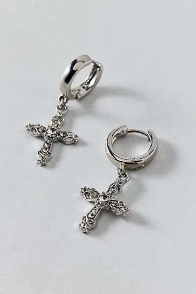 Urban Outfitters Maria Rhinestone Cross Hoop Earring In Silver, Women's At  In Metallic