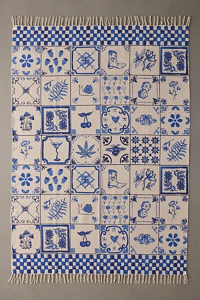 Urban Outfitters Mariana Tile Flatweave Printed Rug In Blue At