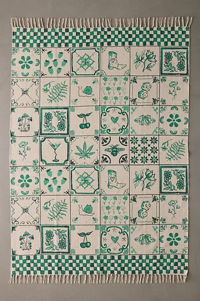 Urban Outfitters Mariana Tile Flatweave Printed Rug In Green At