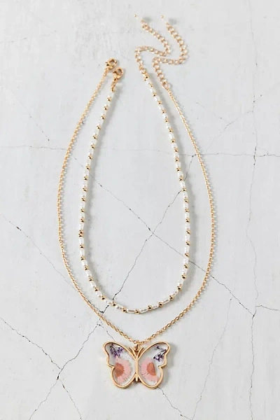 Urban Outfitters Mariposa Butterfly Pendant Pearl Layering Necklace Set In Gold, Women's At  In White