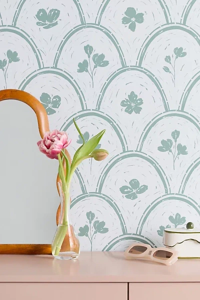 Urban Outfitters Marufemia Rustic Scallop Floral Block Print Removable Wallpaper In Green At  In Blue