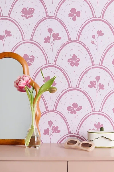 Urban Outfitters Marufemia Rustic Scallop Floral Block Print Removable Wallpaper In Pink At