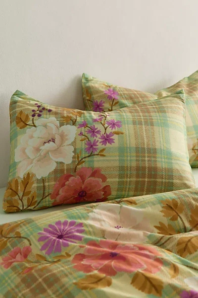 Urban Outfitters Maud Floral Plaid Patterned Sham Set In Green At