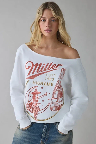 Urban Outfitters Miller High Life Graphic Off-the-shoulder Pullover Top In White, Women's At