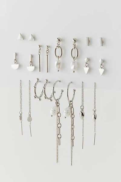 Urban Outfitters Modern Geometric Pearl Post & Hoop Earring Set In Silver, Women's At  In Metallic