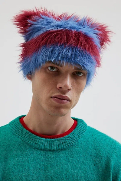 Urban Outfitters Mylo Hairy Stripe Faux Fur Beanie In Maroon, Men's At  In Maroon