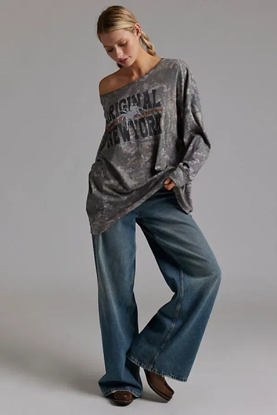 Urban Outfitters New York Graphic Camo Off-the-shoulder Long Sleeve Tee In Green, Women's At