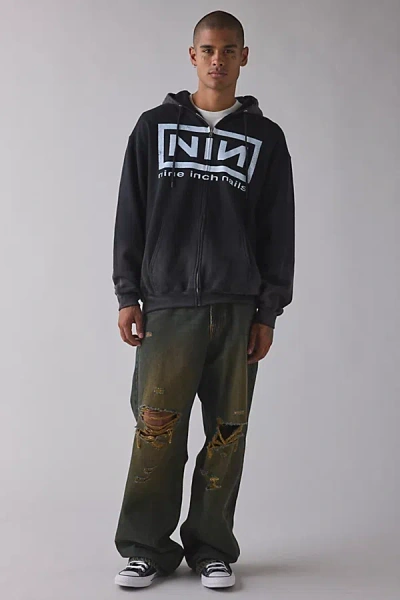 Urban Outfitters Nine Inch Nails Logo Dye Tech Zip-up Hoodie Sweatshirt In Washed Black, Men's At