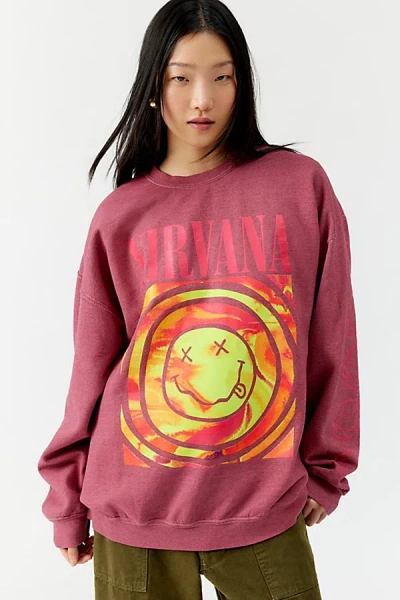 Urban Outfitters Nirvana Smile Overdyed Fleece Crew Neck Sweatshirt In Maroon, Women's At