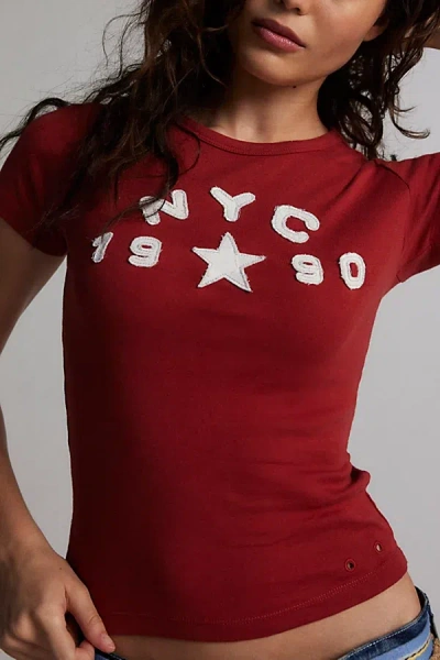 Urban Outfitters Nyc 1990 Applique Baby Tee In Dark Red, Women's At
