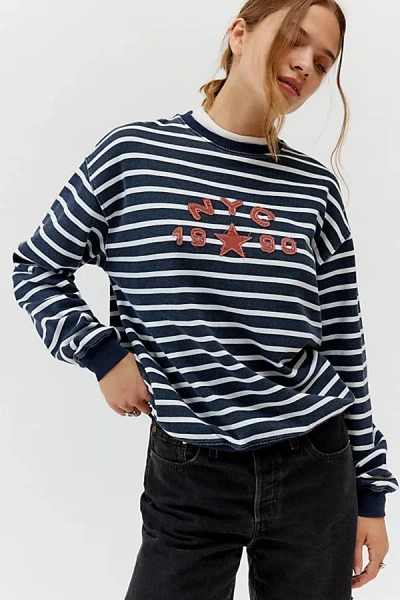 Urban Outfitters Nyc 1990 Applique Graphic Striped Crew Neck Sweatshirt In Blue, Women's At
