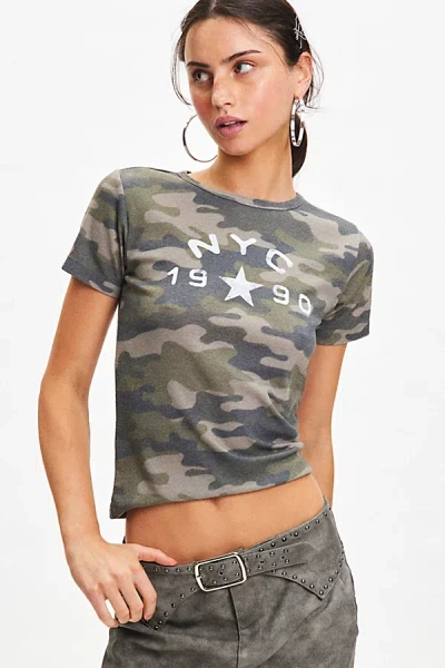 Urban Outfitters Nyc 1990 Graphic Camo Baby Tee In Camo, Women's At