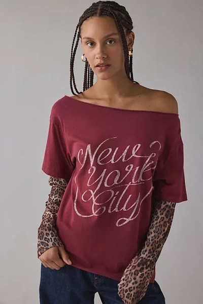 Urban Outfitters Nyc Graphic Layered Leopard Print Long Sleeve Tee In Red, Women's At