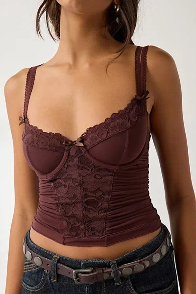 Urban Outfitters Out From Under Jazz Club Lace Trim Corset In Chocolate, Women's At  In Burgundy
