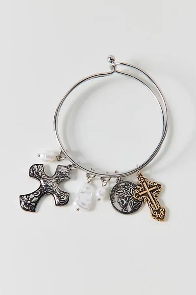 Urban Outfitters Pearl & Cross Charm Bracelet In Silver, Women's At