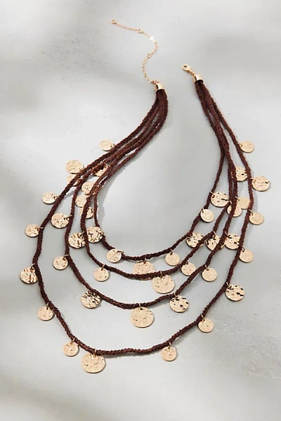 Urban Outfitters Positano Coin Corded Layered Bib Necklace In Gold, Women's At  In Brown