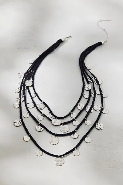 Urban Outfitters Positano Coin Corded Layered Bib Necklace In Silver, Women's At  In Black