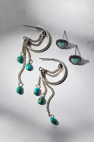 Urban Outfitters Protector Turquoise Charm Hoop & Stud Earring Set In Silver, Women's At  In Metallic