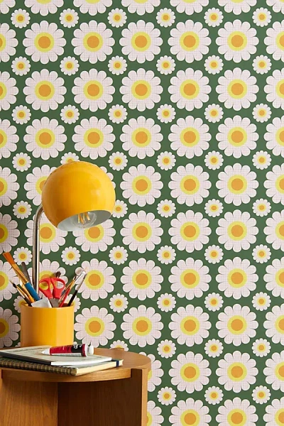 Urban Outfitters Questingpixel Retro Summer Daisies No.1 Pink Forest Green Removable Wallpaper At