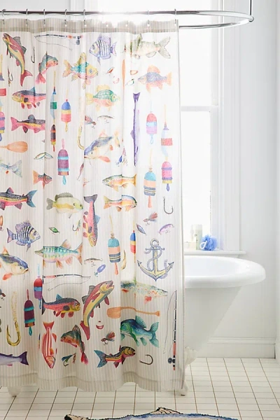 Urban Outfitters Quinn Modern Collage Patterned Shower Curtain In Gone Fishing At  In Blue