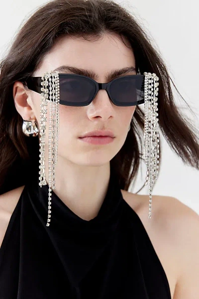 Urban Outfitters Rhinestone Fringe Rectangle Sunglasses In Black, Women's At