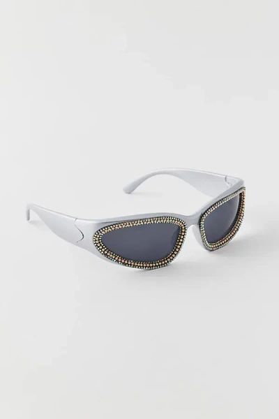 Urban Outfitters Rhinestone Wraparound Sunglasses In Silver Smoke, Women's At  In Pink