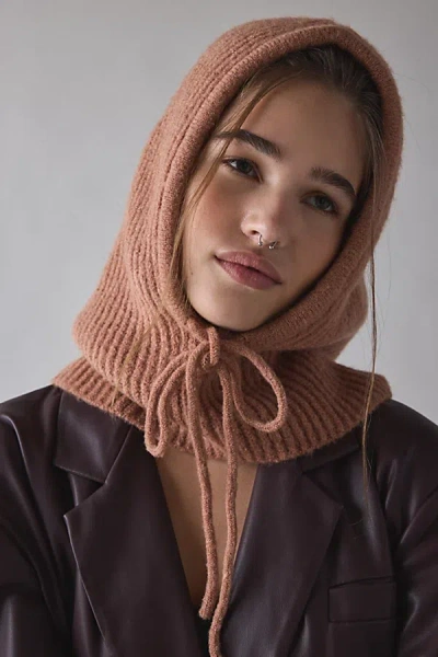 Urban Outfitters Ribbed Knit Hooded Balaclava In Taupe, Women's At  In Brown