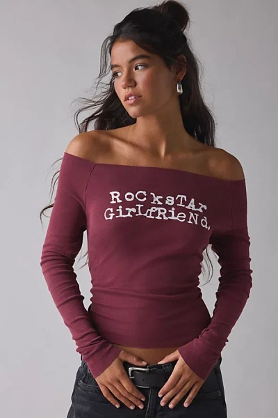Urban Outfitters Rockstar Girlfriend Graphic Boatneck Off-the-shoulder Long Sleeve Tee In Red, Women's At Urban Outfi