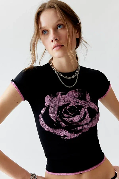 Urban Outfitters Rose Lettuce Edge Baby Tee In Black, Women's At