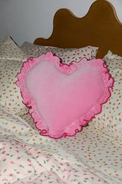 Urban Outfitters Ruffle Heart Velvet Throw Pillow In Pink At
