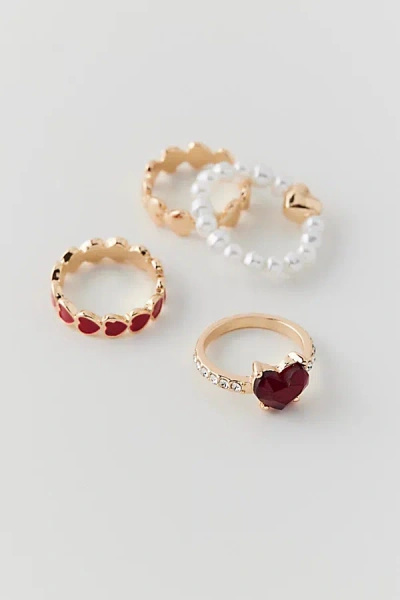 Urban Outfitters Sabrina Rhinestone & Pearl Heart Ring Set In Gold, Women's At
