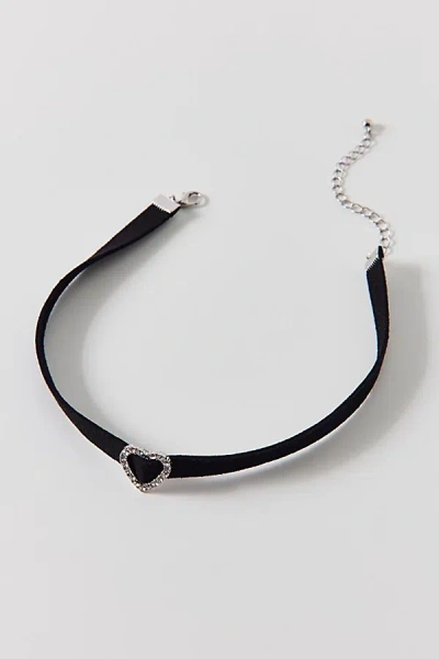 Urban Outfitters Sabrina Rhinestone Heart Velvet Choker Necklace In Black, Women's At