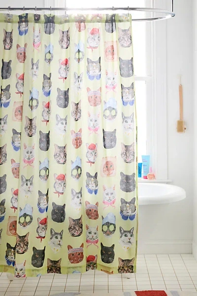Urban Outfitters Sassy Cats Patterned Shower Curtain In Green At  In Multi