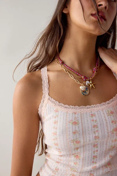 Urban Outfitters Seaside Corded Pearl Layering Charm Necklace Set In Gold/red/pearl, Women's At  In Metallic