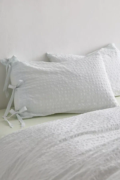 Urban Outfitters Seersucker Tied Trim Cotton Sham Set In Spa Blue At  In White