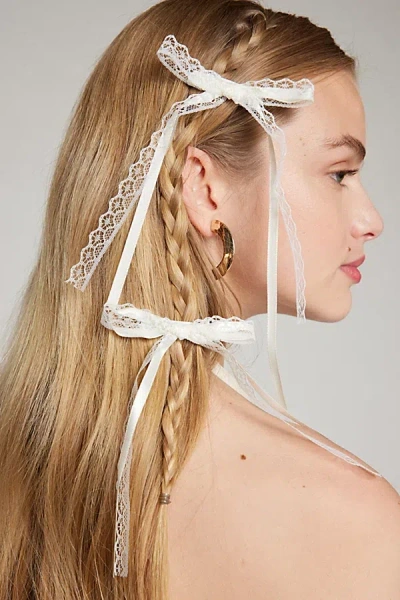 Urban Outfitters Slim Satin & Lace Hair Bow Barrette Set In White, Women's At