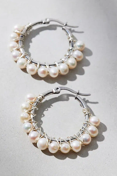 Urban Outfitters Small Beaded Hoop Earrings In Pearl, Women's At  In White