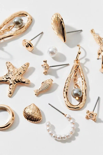 Urban Outfitters Sorrento Shells Pearl Post & Hoop Earring Set In Gold, Women's At