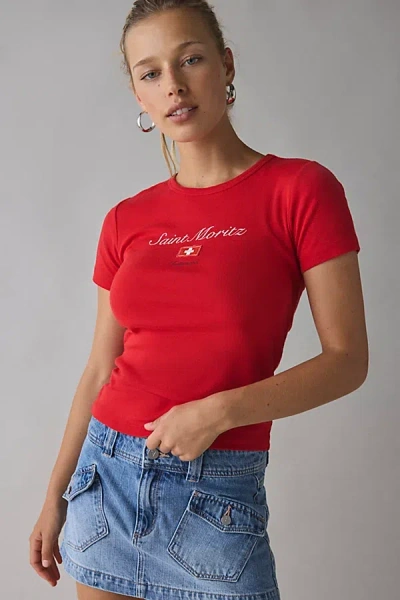 Urban Outfitters St. Moritz Flag Applique Graphic Baby Tee In Red, Women's At