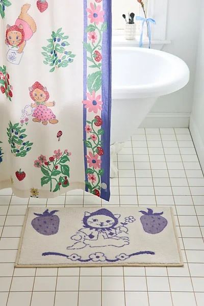 Urban Outfitters Strawberry Cat Plush Tufted Bath Mat In White At  In Blue