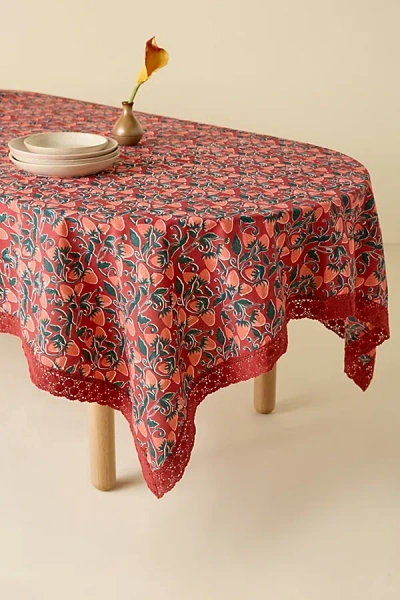 Urban Outfitters Strawberry Pattern Crochet Edge Tablecloth In Red Berry At