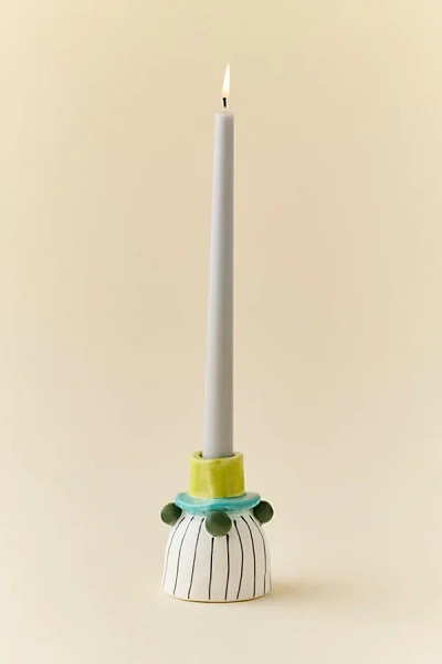Urban Outfitters Striped Ceramic Taper Candle Holder In White At