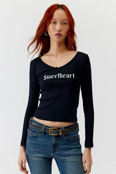 Urban Outfitters Sweetheart Fitted Long Sleeve Tee In Black, Women's At